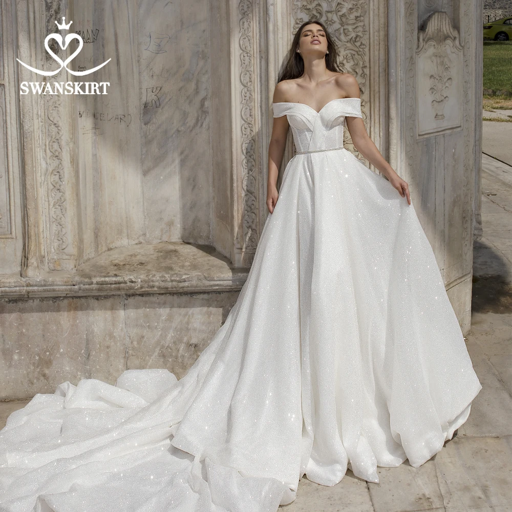 

Stunning Off Shoulder Wedding Dress Swanskirt Sweetheart Crystal A-Line Bride grown Princess Customized vestido de noiva DY01