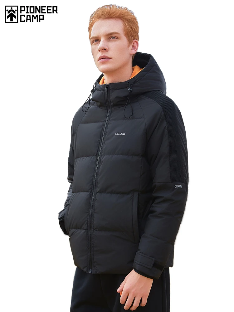 

Пионерский лагерь, новый мужской пуховик, Зимний короткий, 100% полиэстер, с капюшоном, на молнии, черный, желтый цвет, Повседневная Толстая мужская куртка