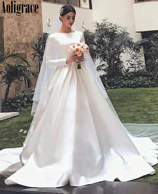 

Luxury Country Style Wedding Dresses For Bride Long Sleeves Pleats A Line Sweep Train Bridal Gowns Cheap Vestidoe De Noiva