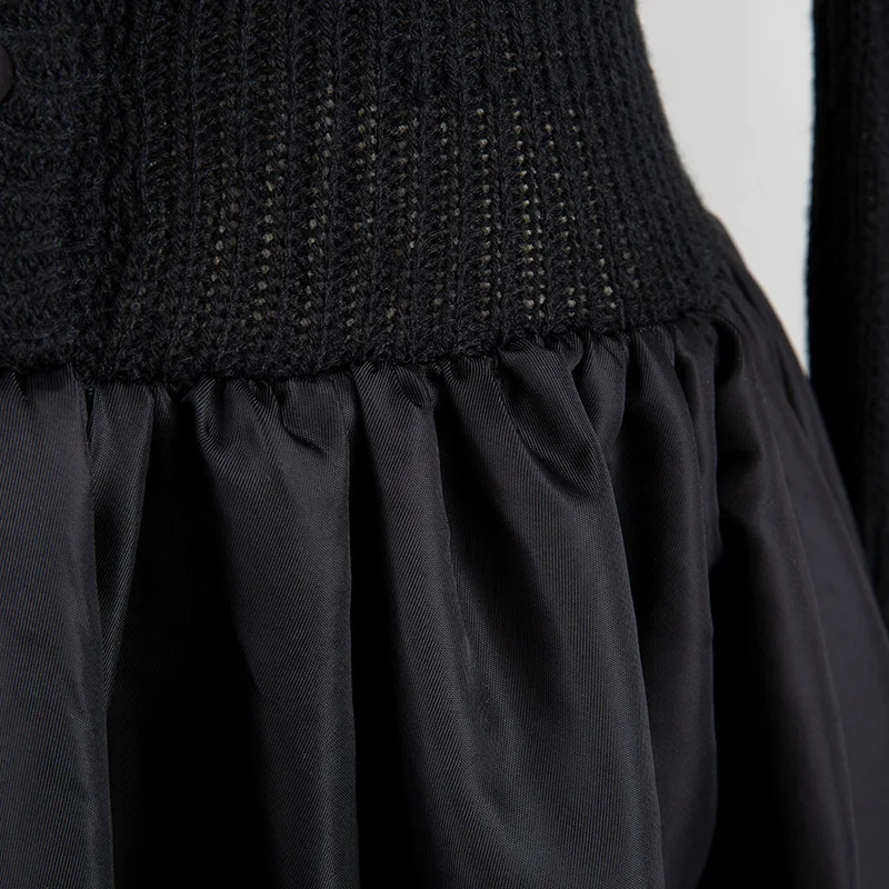 TVVOVVIN Women Dress V Neck Patchwork Knitted Dresses Lace Up Hollow Out Long Sleeve Vintage All Match Long Black Dresses B286