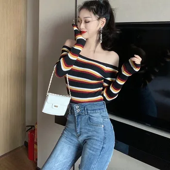 

Women Autumn Winter Retro Rainbow Stripe Sweater Slim Long Sleeved One Word Collar Bottom Knit Sweater Thin Strapless Top H2