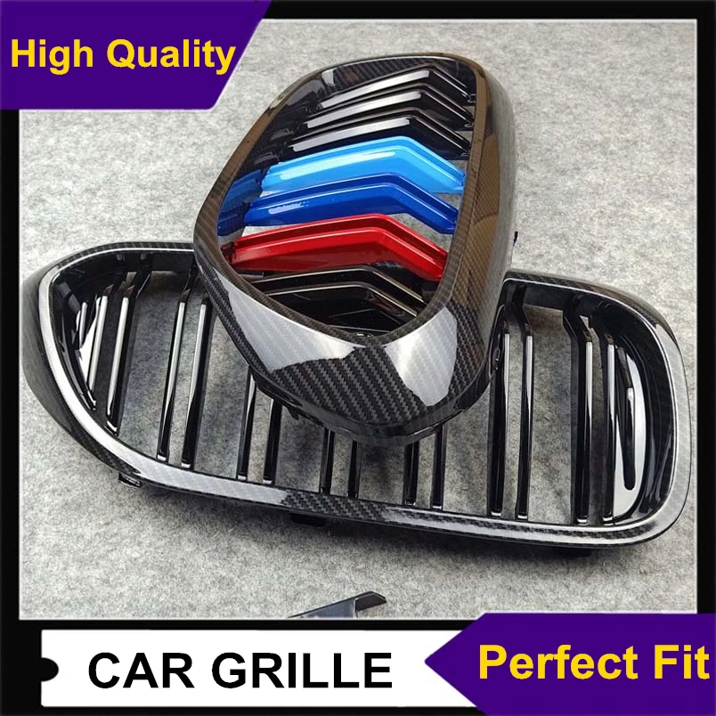 A Pair G30 G38 Carbon Look Double Slat Car Grille For Bmw 5 Series 2018-IN ABS Glossy Black/ M Color Replacement Front |