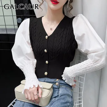 

GALCAUR Oversize T Shirt For Women V Neck Puff Long Sleeve Patchwork Hit Color Slim Knitted High Street T Shirts Female 2020 New