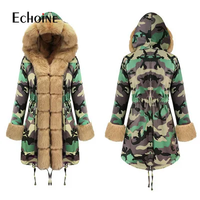 Зимнее повседневное камуфляжное тонкое меховое теплое пальто с капюшоном для женщин, новинка, длинный рукав, флис, утолщенная Женская парка, верхняя одежда размера плюс