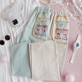 

Spring new Women Japanese Little Boy Embroidery Trousers Girls Students Small fresh Loose Soft Sister Casual pants College style