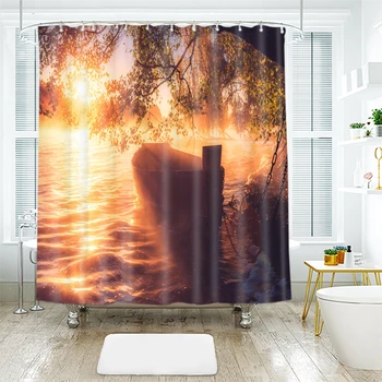 

3d Golden Lake Sunset Boat Scene Pattern Shower Curtains Waterproof Thickened Bath Curtains for Bathroom Customizable