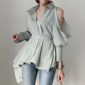 

Cold Shoulder Women Blouse 2020 Summer Long Sleeve High Waist Belted Solid Color Korean Office Irregular Female Tops Shirts