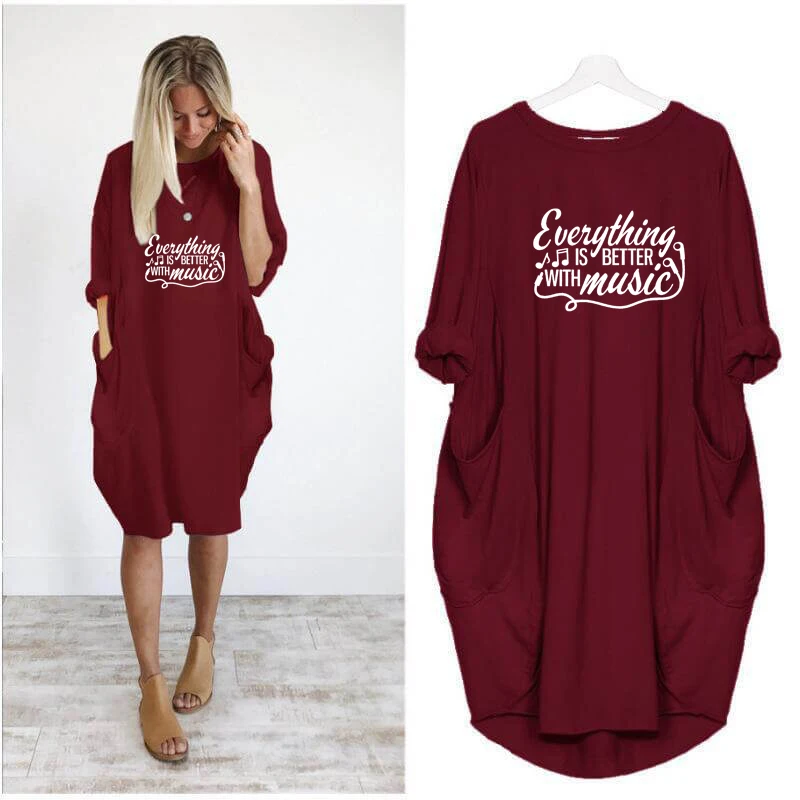 

Everything is Better With Music Print Pocket Dress Female Harajuku Long Sleeve Graphic Vintage Sexy Dress Women Hollow Femme