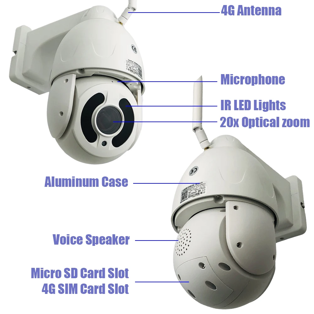 4G SIM Card IP Camera Auto Tracking 20x Auto Zoom CCTV PTZ Metal IR Dome Camera 5MP RJ45 H.265 Human Detect Audio SD Card CamHi