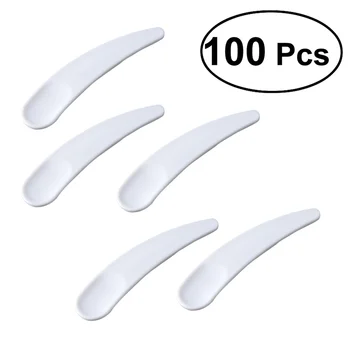 

100PCS Mini Disposable Curved Cosmetic Spatula Scoop Makeup Mask Spatula Plastic Spoon (White)