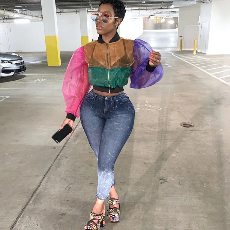 incredible  Transparent Mesh Bomber Jacket Women Autumn Short Jacket Streetwear Lantern Long Sleeve Slim Patchw