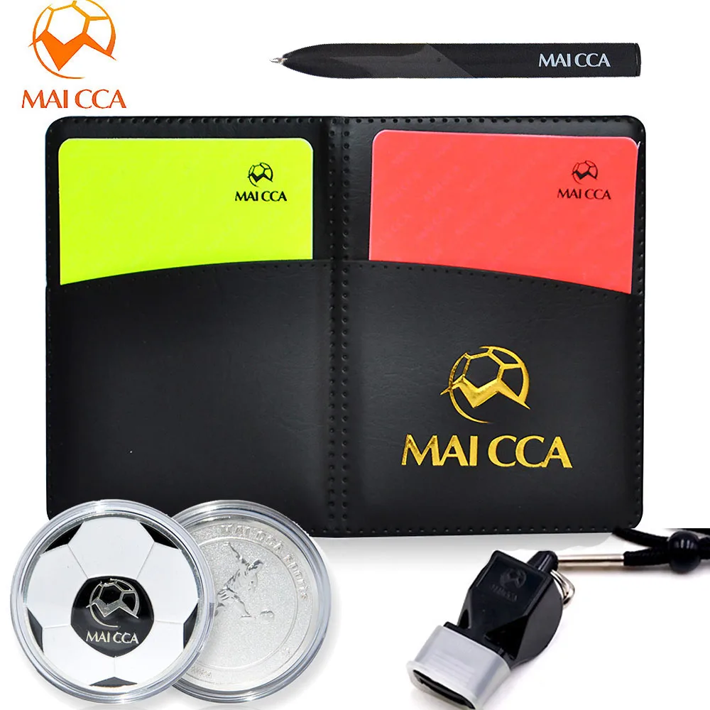 

MAICCA Professional Soccer Referee Toolkit Red Yellow Card Whistle Pencil Referee Recording Notebook Pick Edge Finder Coin