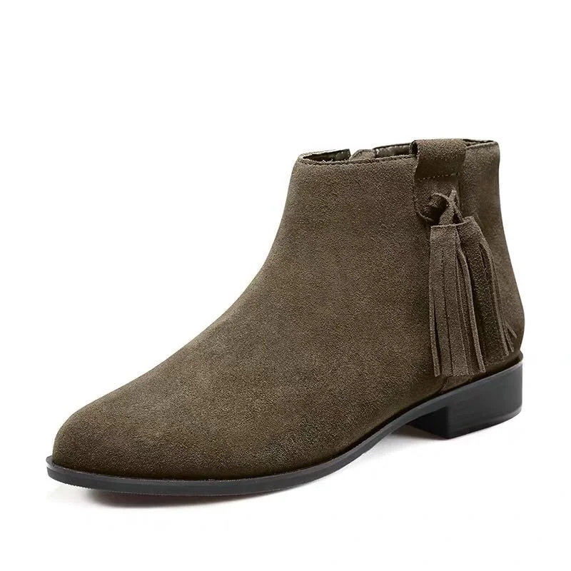 NEW Flock Leather Women Boots Dark Green Female Tassel Round Toe Zip-up Autumn/Winter Ankle Boots M887