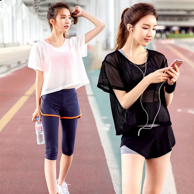 

Sports WOMEN'S Suit Summer Gauze Yoga Clothes Short Sleeve Quick-Drying Loose-Fit-Running Cover-up Workout Clothes Three-piece S