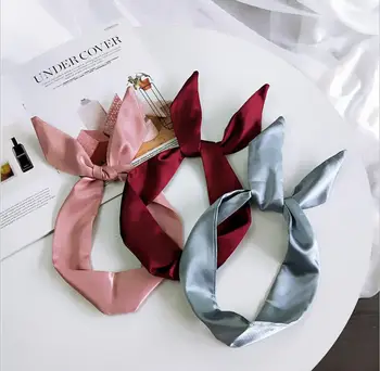 

2020 Solid Skinny Hair Scarf Women Neckerchief Foulard Aluminum Wire Headband Female Small Wraps Fashion Bag Wrist Ribbons 90cm