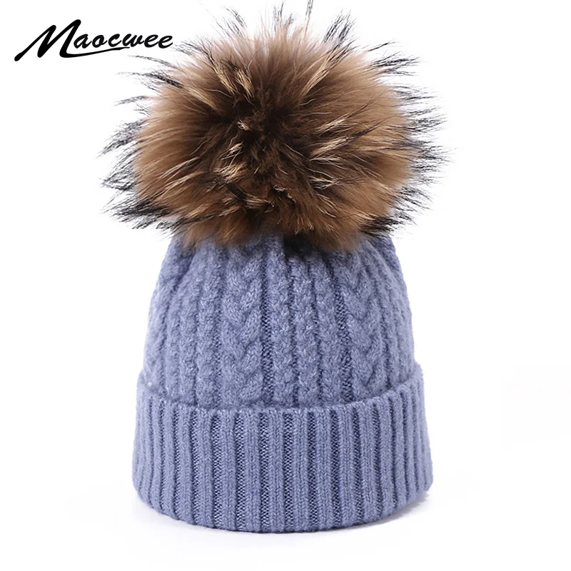 Winter Wool Knit Hat With Real Fur Pompon Women Warm Cotton Hat Outdoor