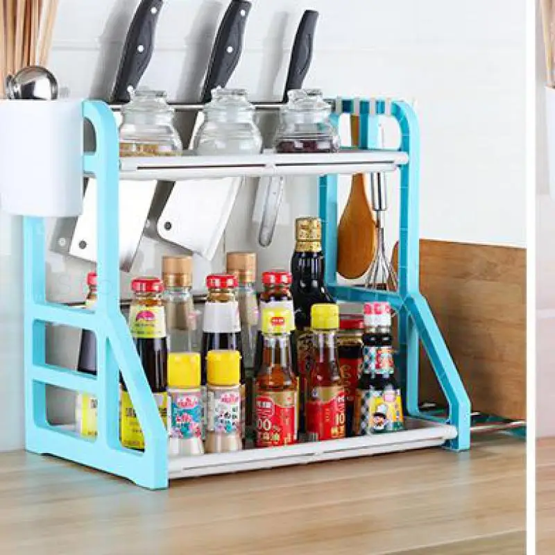 

Cookware Kitchen Shelf Double-deck Condiment Shelf Condiment Storage Shelf Floor Knife Holder Multi-functional Plastic