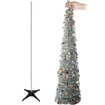 

YuQi 5FT Pop Up Christmas Tinsel Slim Silver Trees Shiny Sequins Artificial Pencil Xmas Tree Reusable Home Office Party Decor