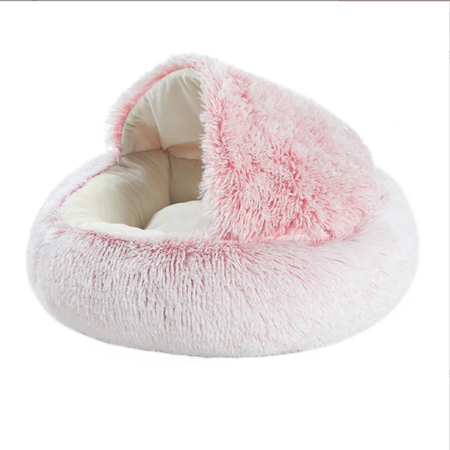 Winter Cat Bed Long Plush Pet Cat Cushion Warm Sleep Bag Bed Round Half-Pack Cat Basket Lounger Nest For Small Medium Large Dog Pink