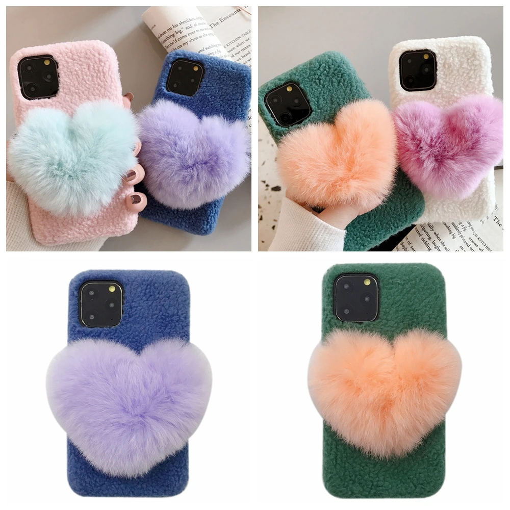Wrasse Rabbit Fur For Iphone 11 Case Girls 11 Pro Covers Cute 3d Heart 6 7 8 Plus X Xr Cloth Lamb Wool Winter Phone Cases Purple Aliexpress
