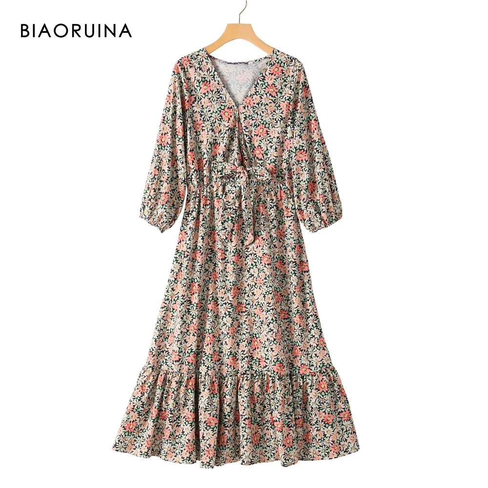 BIAORUINA Women's Vacation Style Floral Printed V-neck Fashion Boho Dress High Waist Sweet Puff Sleeve Bow Decoration | Женская