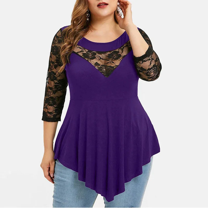 5XL плюс размер блузка женская летняя кружевная открытая бюст три четверти рукав Сексуальная Блузка рубашка Женский жакет Нерегулярные Топы