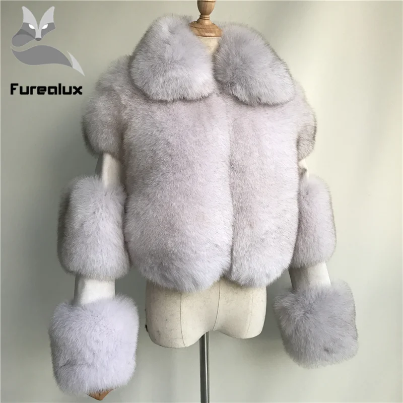 Furealux женская теплая шуба из натурального Лисьего меха короткая зимняя меховая куртка верхняя одежда из натурального меха голубой лисы пальто для женщин