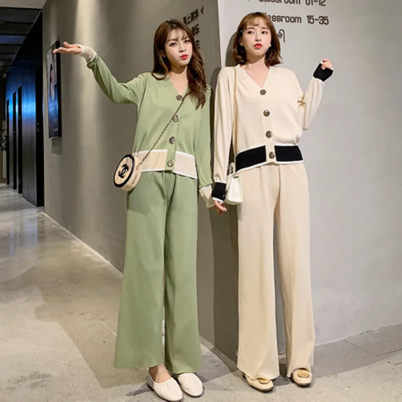 

Fashion Designer Fashion Week New Pattern Women's Wear Cardigan Long Sleeves Knitting Suit+Broad-legged Trousers 2Piece Suite