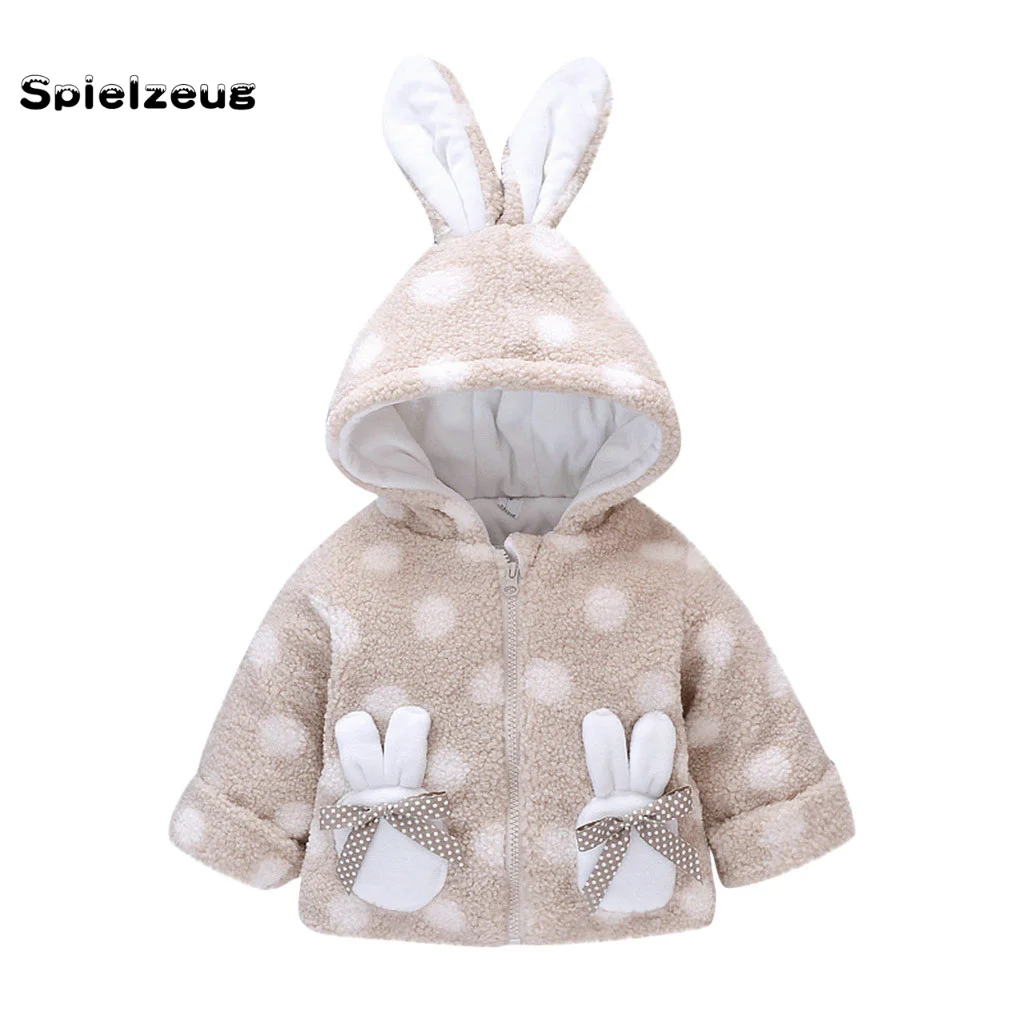 Baby Children Girl Winter Warm Loose Coat Zipper Bow Little Rabbit Pocket Rabbit Ear Hodded Dot Pattern Jacket Parkas Outwear#g4