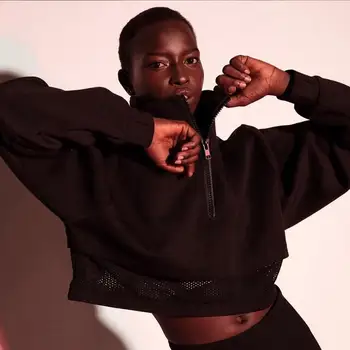 

2019 Autumn Women Black Patchwork Zipper Sweatshirts Fly Turtleneck Mesh Hoodies Long Sleeve Hollow Out Hoodies