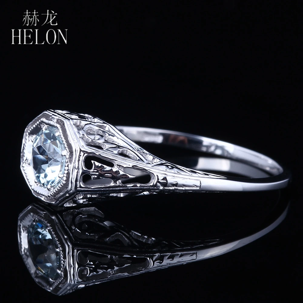 HELON Solid 14 к белое золото AU585 круглый 4,5 мм Натуральный аквамарин обручальное юбилейное Филигранное женское кольцо в стиле арт-деко хорошее ювелирное изделие
