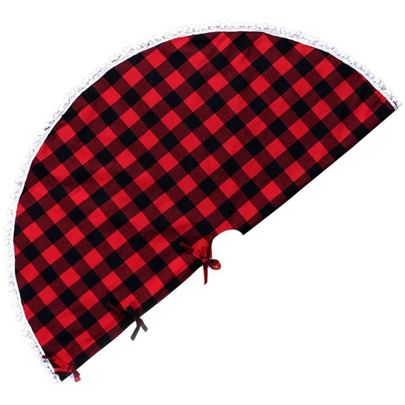 

48 Inch Christmas Tree Skirt Red and Black Buffalo Plaid Tree Skirt with Pom Pom Trim for Holiday Christmas Decorations, Double