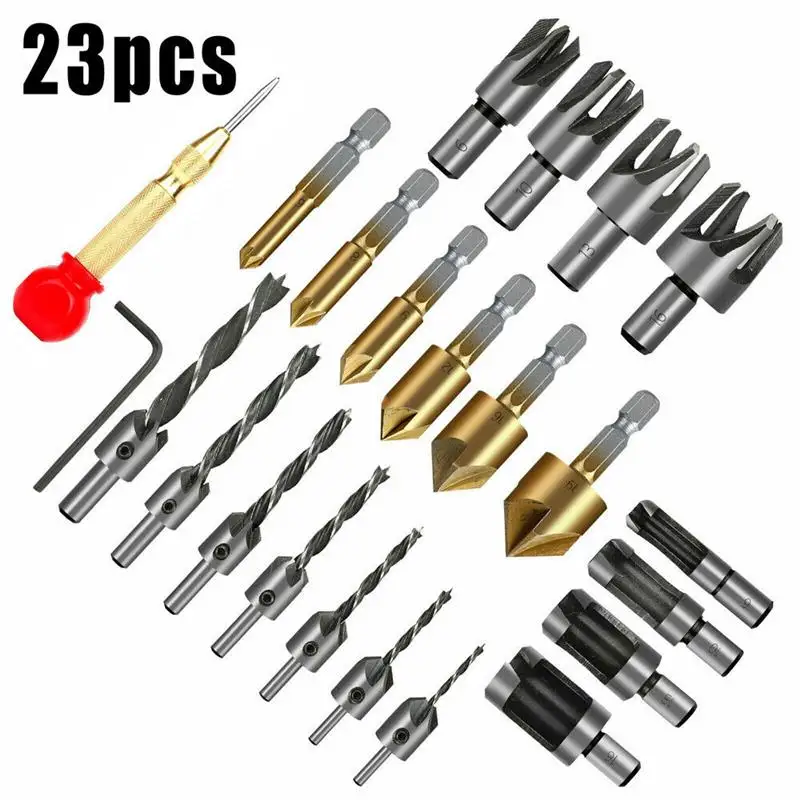 23pcs Chamfering Countersink Center Punch Drill Bit Woodworking Hex Shank HSS Flute Countersink