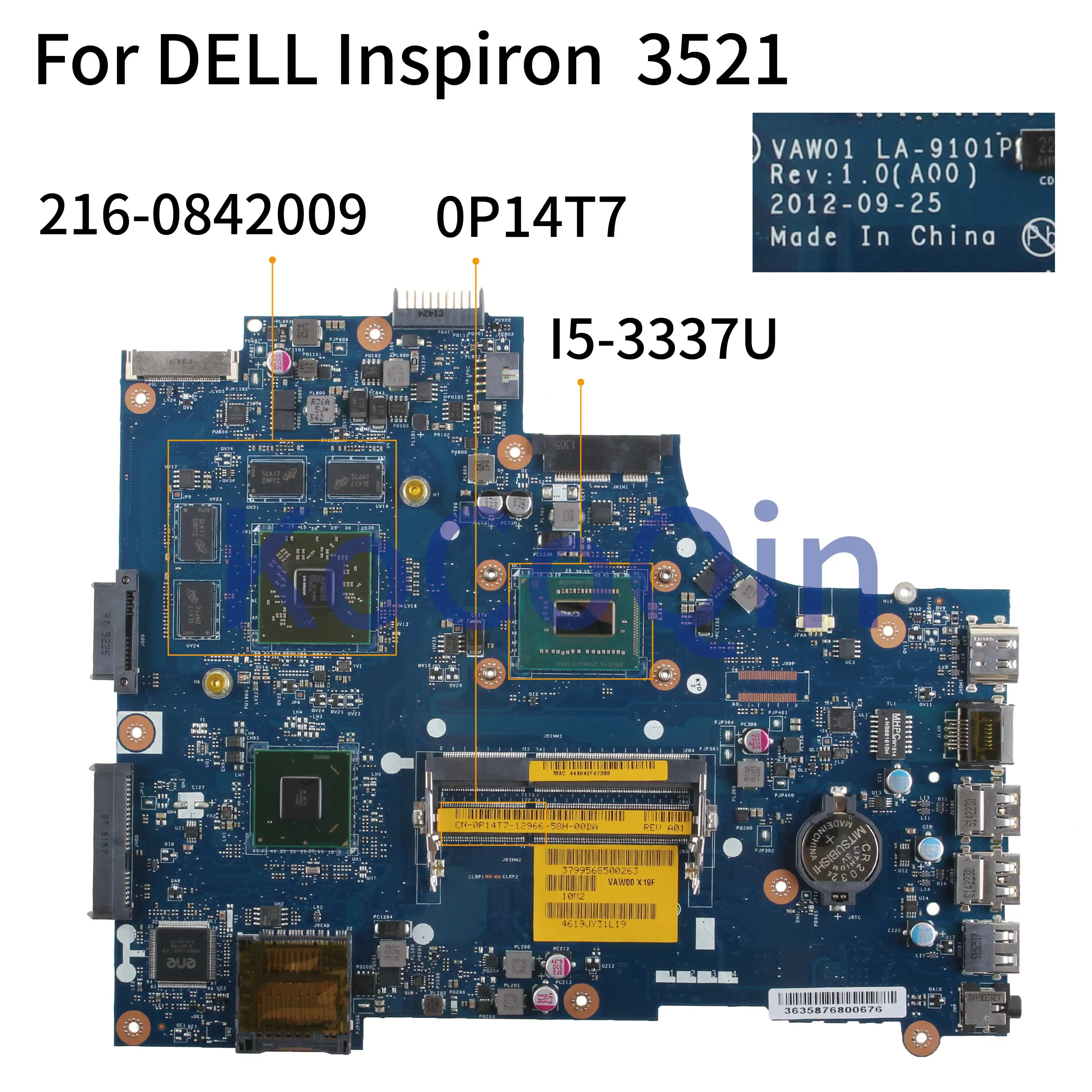 remarkable  KoCoQin Laptop motherboard For DELL Inspiron 15R 3521 5521 I5-3337 Mainboard CN-0P14T7 0P14T7 VAW01