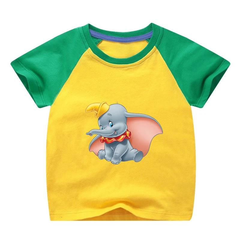 Одежда летняя футболка для девочек с принтом «Dumbo», смешная комбинированная цветная футболка с круглым вырезом для детей, Детская футболка с героями мультфильмов