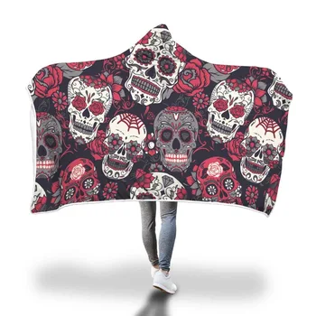

Anime Red Skull Flower Printed Double Velvet Soft Hooded Blanket sherpa blanket Warm Home Wearable Fleece Watching Blanket Quilt