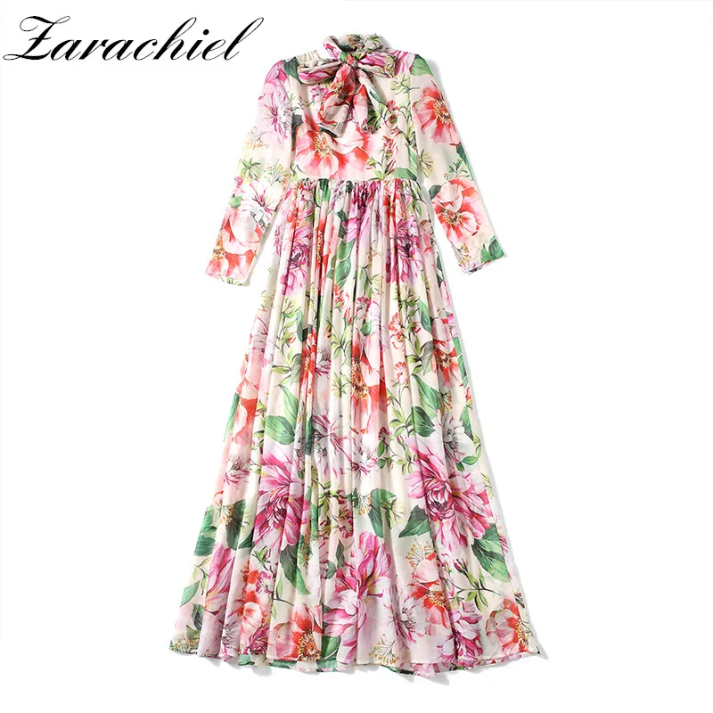 Runway Holiday Out Maxi Dresses Fall Women Long Sleeve Floral Print Sashes Pleated Boho Big Swing Chiffon + Scarf | Женская одежда