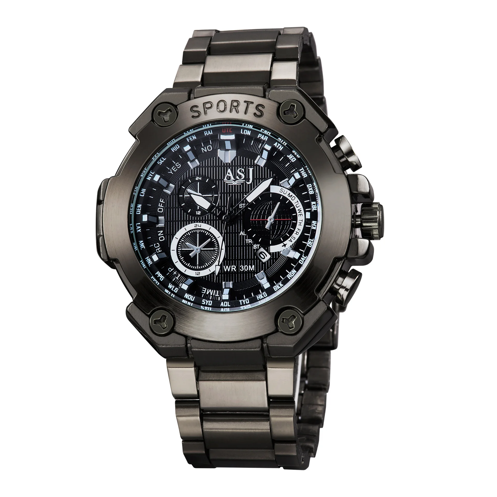 

ASJ Watch Multi-functional Waterproof B120 Dual Display Steel Belt Watch Date Seconds Night Light Hands