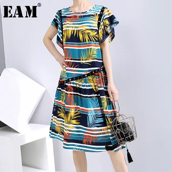 

[EAM] Women Blue Pattern Printed Irregular Dress New Round Neck Short Sleeve Loose Fit Fashion Tide Spring Summer 2020 1W010