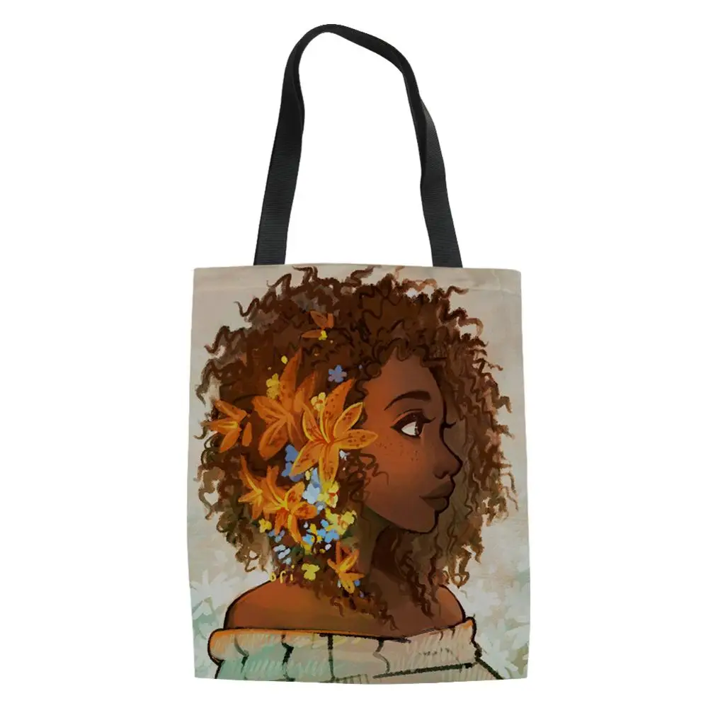 

HaoYun Fashion Women's Handbags Black African Girls Pattern Casual Linen Handbags Arts Afro Design Ladies Shoulder Shopping Bags