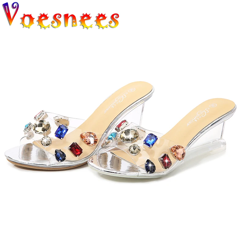 

Voesnees Women Slippers 2021 Summer New Modern Shoes Outside Wedges High Heels 6/8cm Chain Crystal Sandals Sexy Girls Beach Shoe
