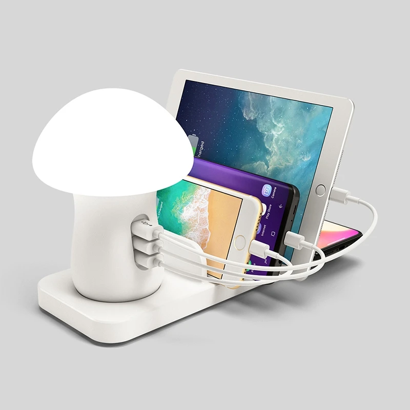 FFYY-Multiple USB Phone Charger Mushroom Night Lamp Wireless Charging Station Charger EU Plug for Mobile Phones