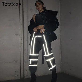 

Totatoop Women Reflective Cargo Pants Casual Striped Patchwork Harem Pants Hip Hop Black Loose Trousers Outfit Active Wear