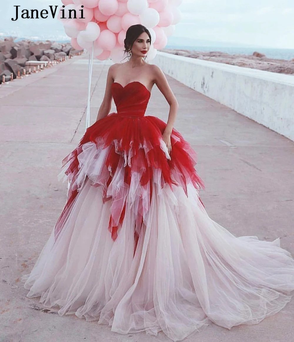 

JaneVini New Fashion Red Tiered Ruched Tulle Long Prom Dresses Ball Gown Sweetheart Candy Color Plus Size Puffy Prom Party Gowns