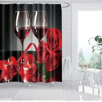

Waterproof Thicken Grey Shower Curtain Red Rose Wine Glass Mildew Proof Bath Tub Shower Curtain with 12 pcs Hooks
