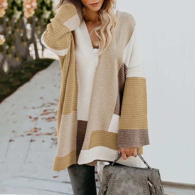 Womens Boho Long Cardigans Plus Size Color Block Striped Loose Fall Knit Sweaters Duster Coats