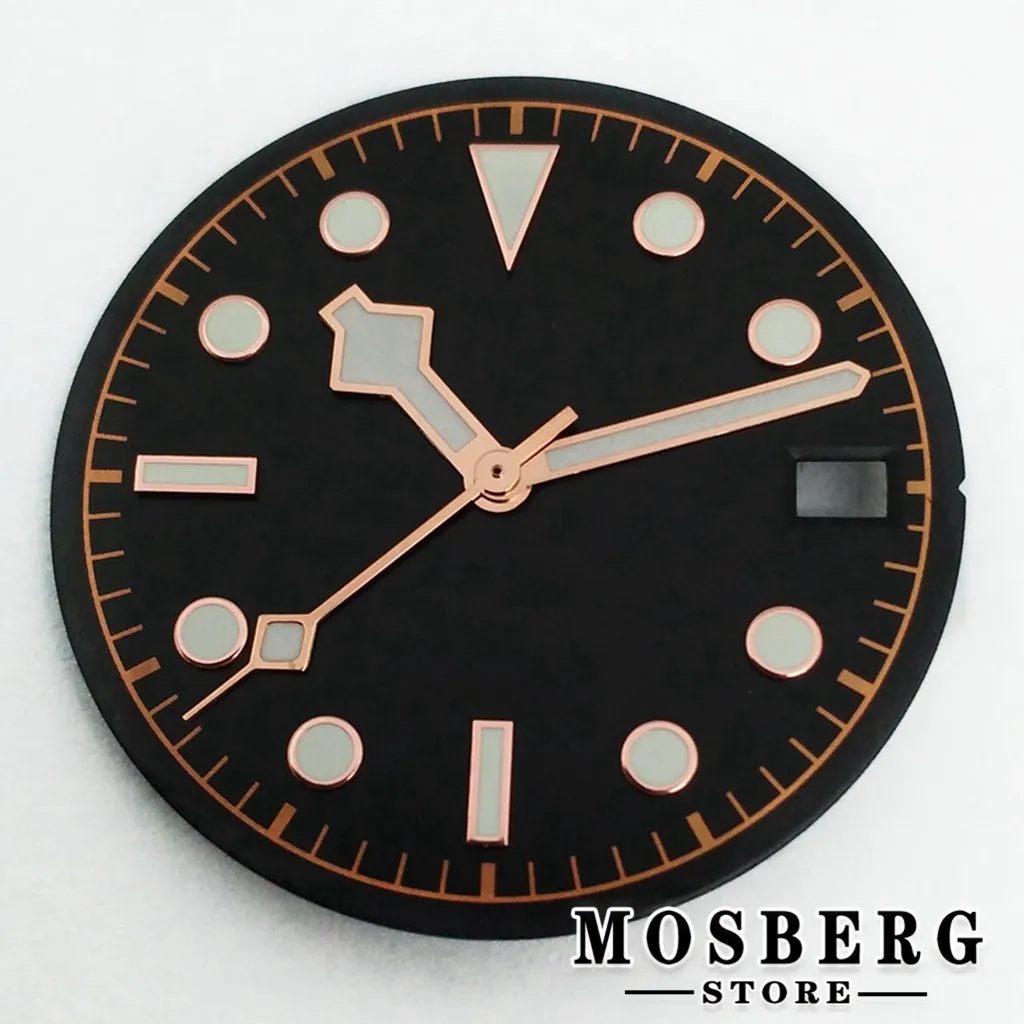 Sterile Luminous Black and Green Watch Dial with Date Window and Hands - 28.5mm