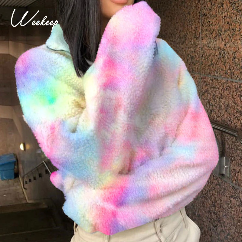 Женская Короткая Толстовка с капюшоном Weekeep Tie Dye плюшевая меховая длинным