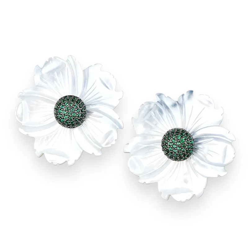 Black Gold Color Brazil Earring Hot Sales Seawater White Shell Zircon Stud Earrings For Women Creative Flower Fine Earings | Украшения и