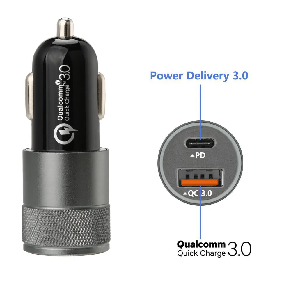 Черный Type-c_pd алюминиевый сплав Qc3.0 Led полупрозрачный дисплей двойной Usb универсальный мобильный телефон автомобильное зарядное устройство D2 - Название цвета: Черный